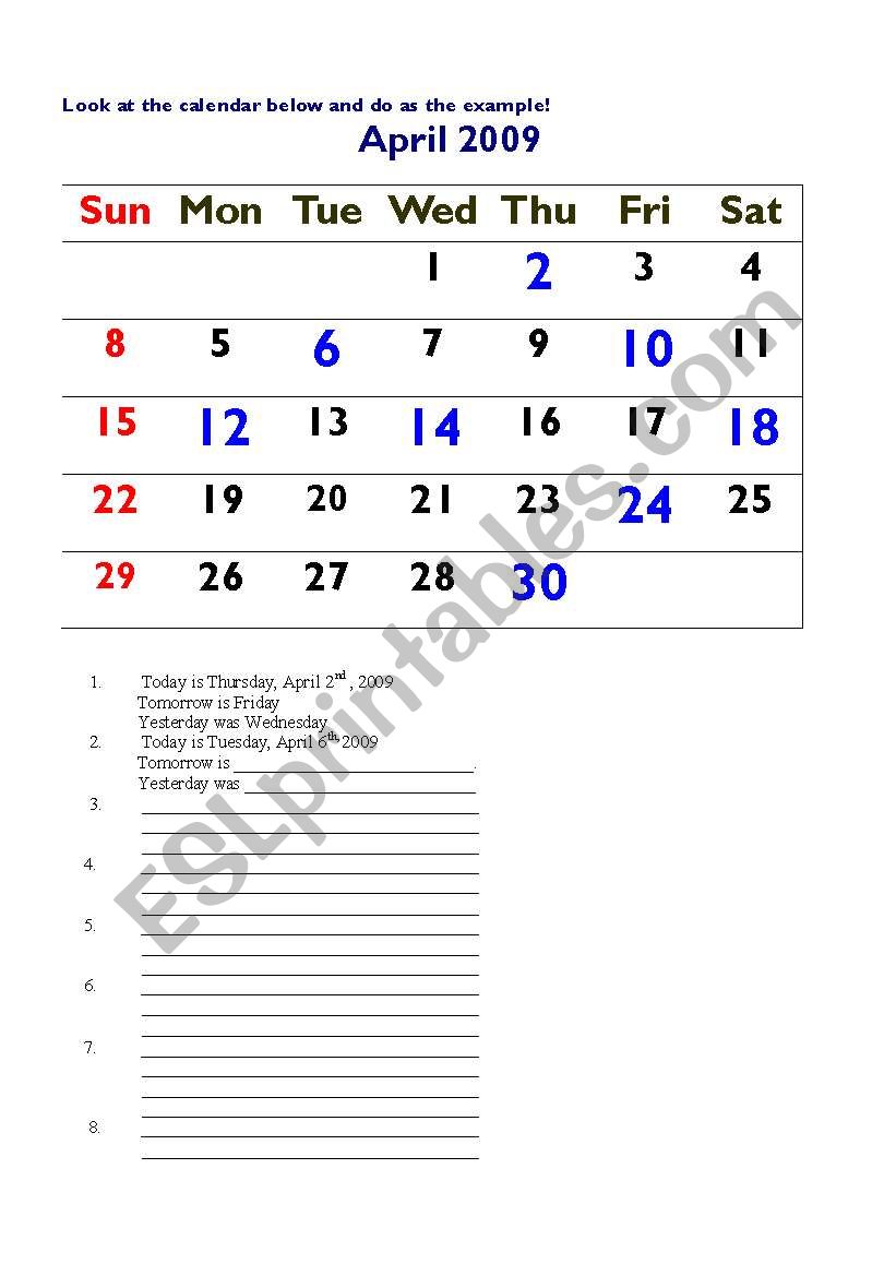 days and date worksheet