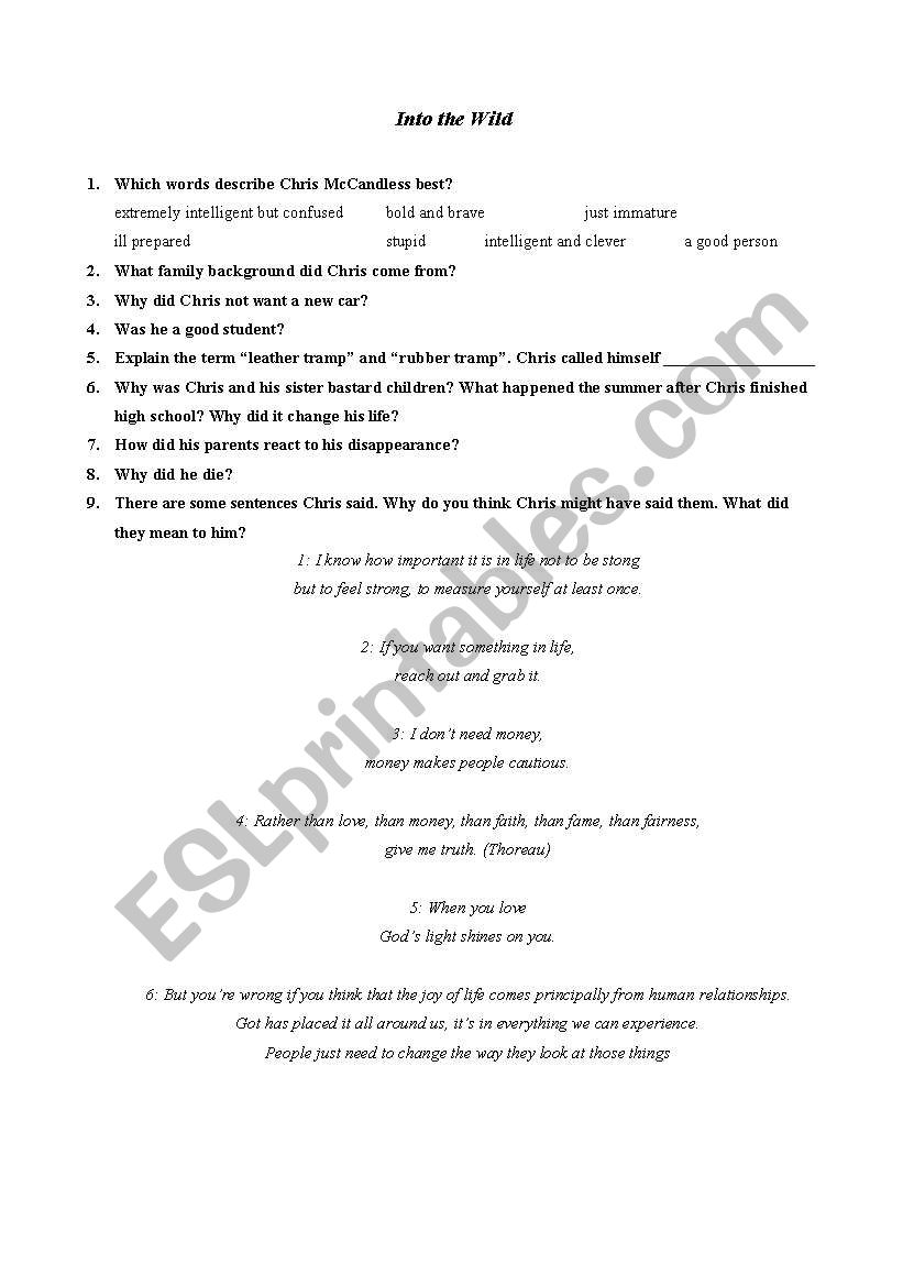 Into the Wild worksheet
