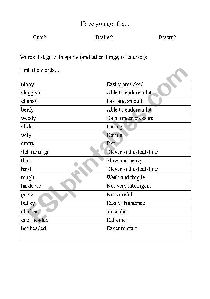 Sport adjectives worksheet