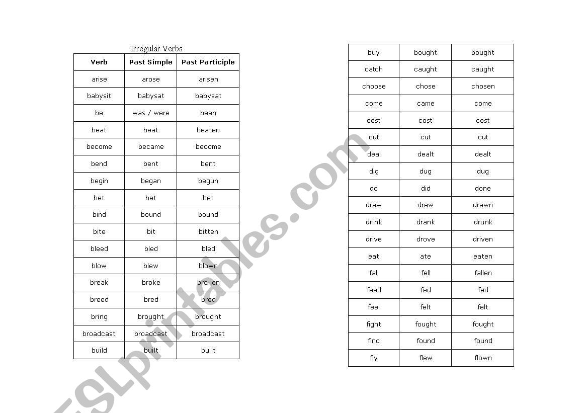 irregular verbs worksheet