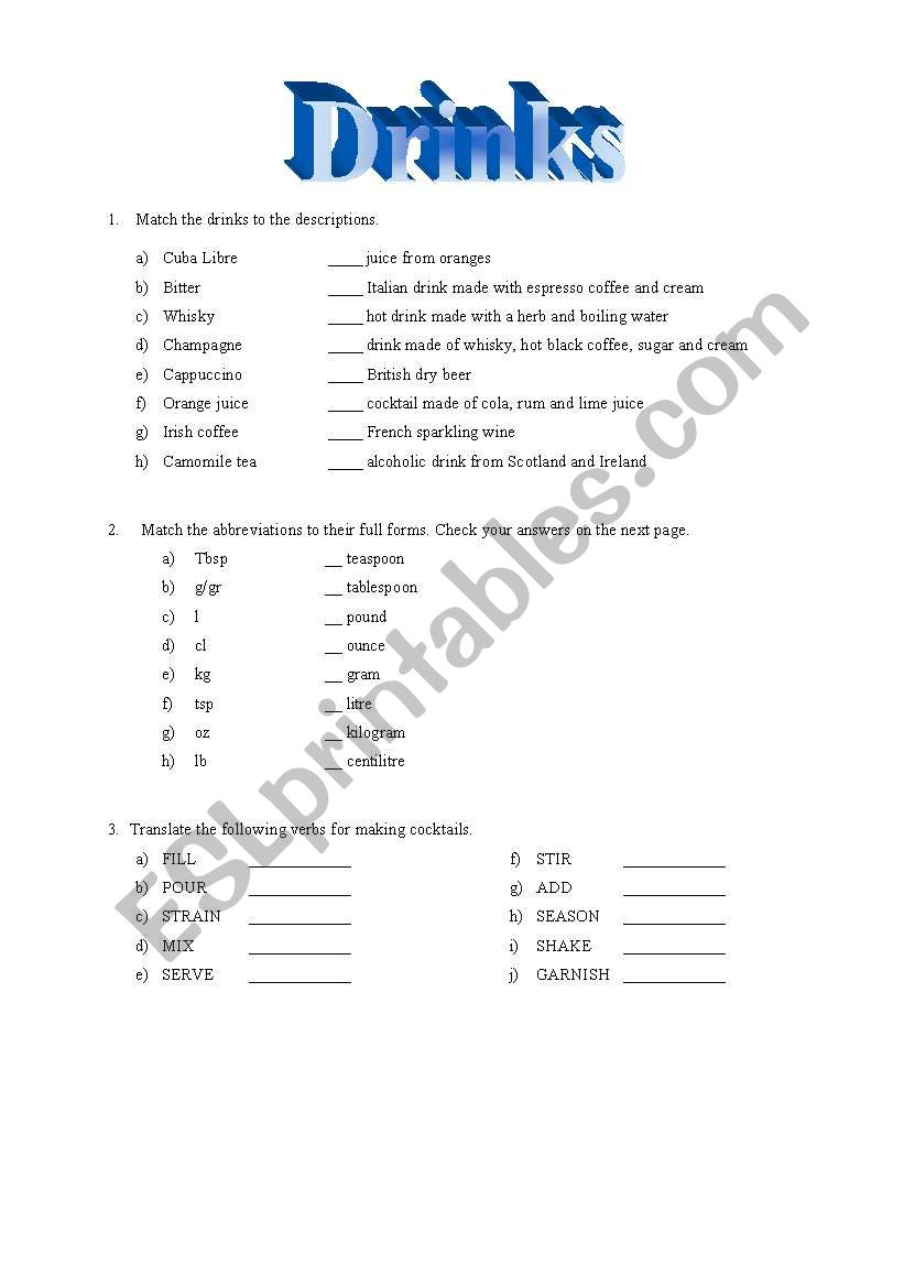 Drinks worksheet