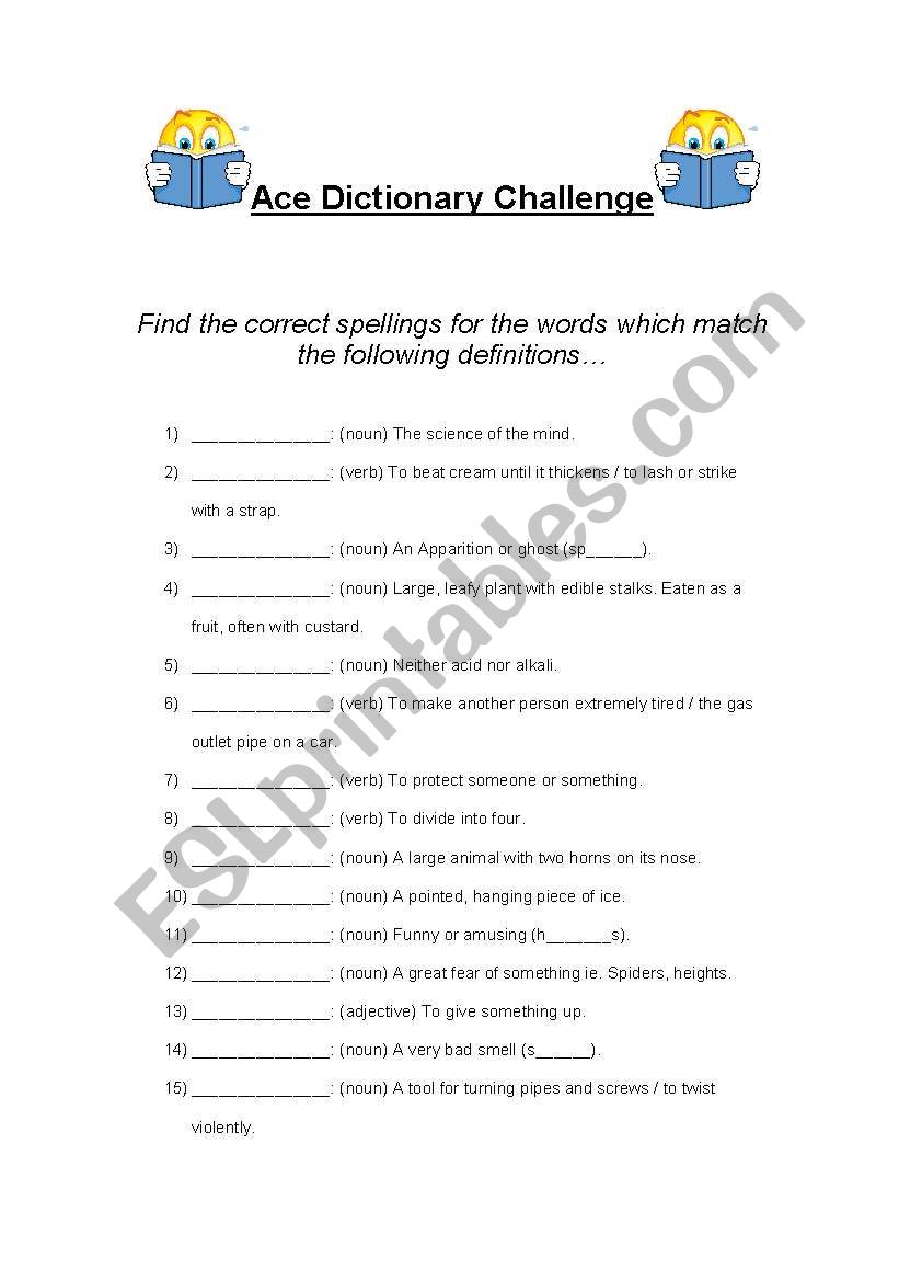 English Worksheets Ace Dictionary Challenge