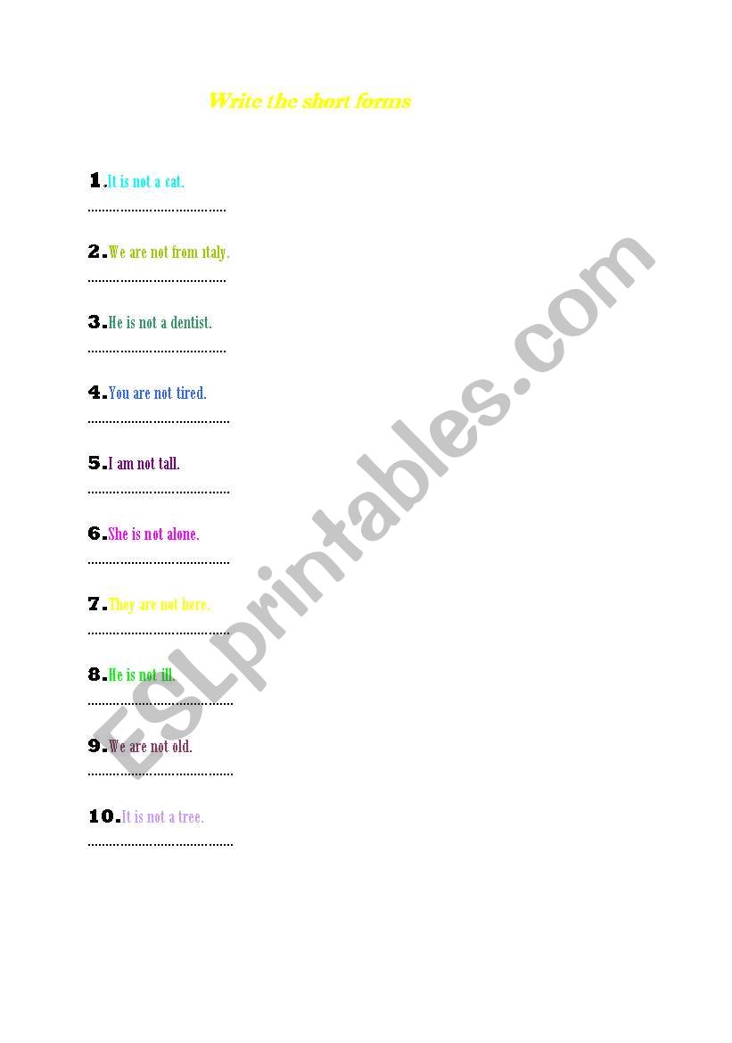 wrtite short forms worksheet