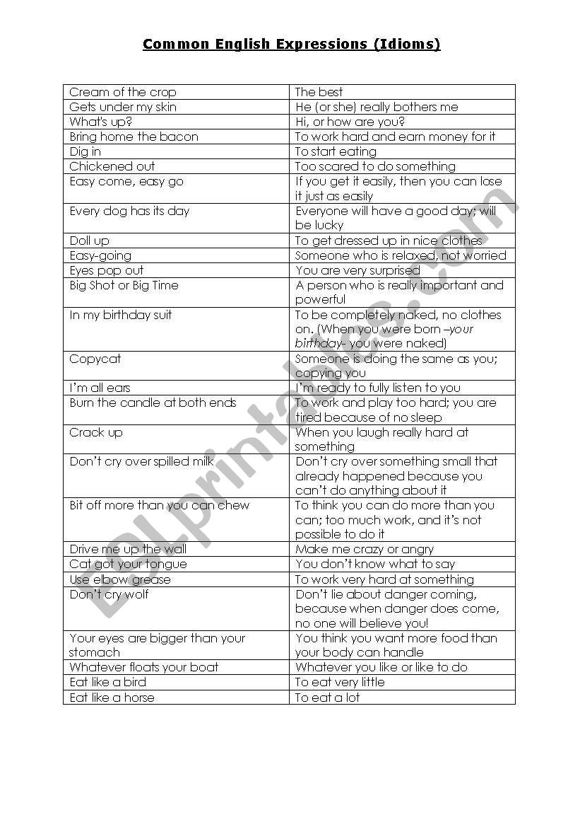 Common Idiomatic Expressions worksheet