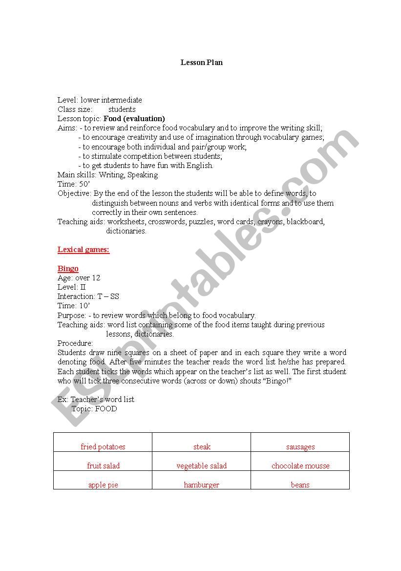 food vocabulary evaluation worksheet