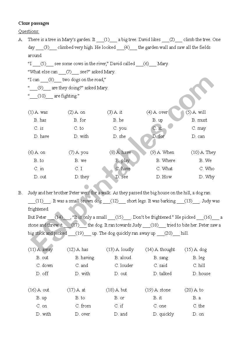 Cloze passages worksheet