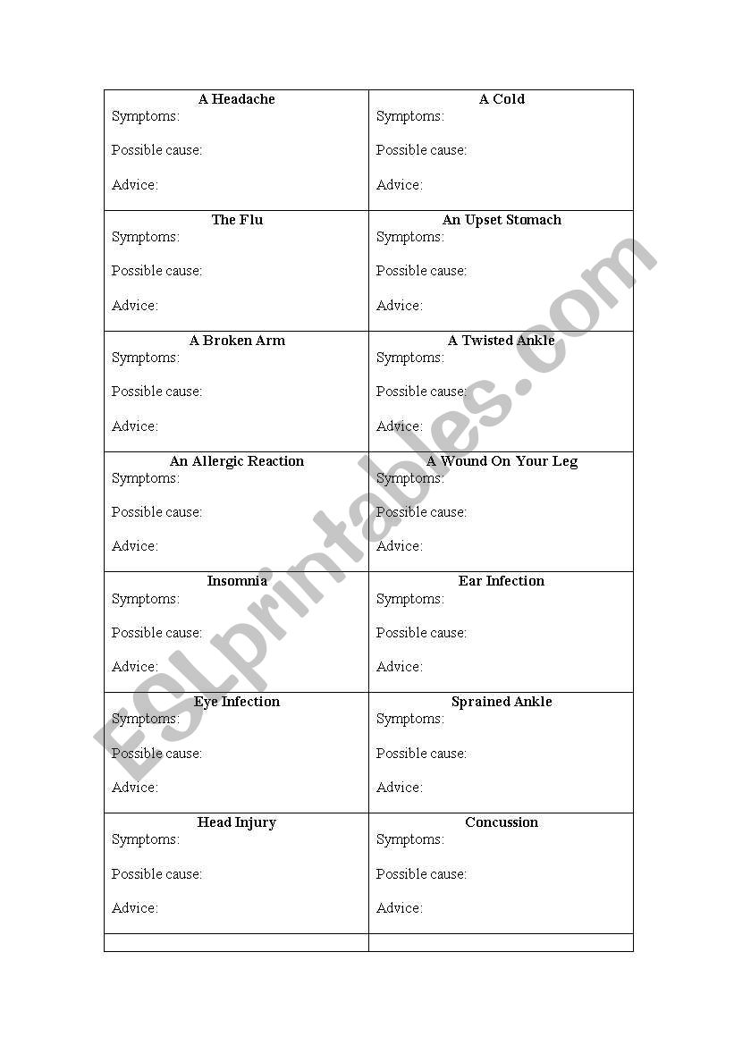 Illness Cards worksheet