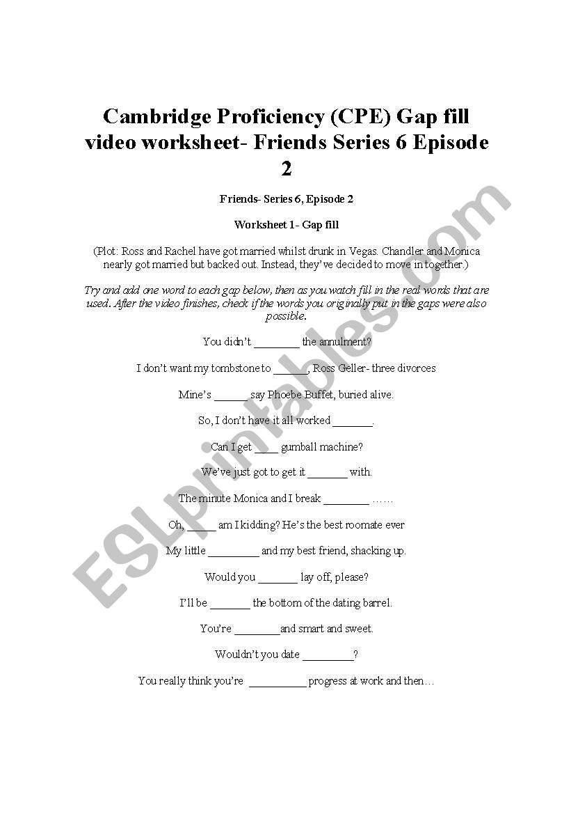 Friends Season 6 Episode 2 worksheet