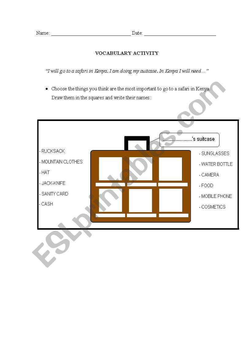 Vocabulary: Suitcase worksheet