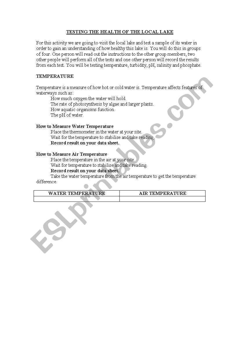 Lake Measurements worksheet