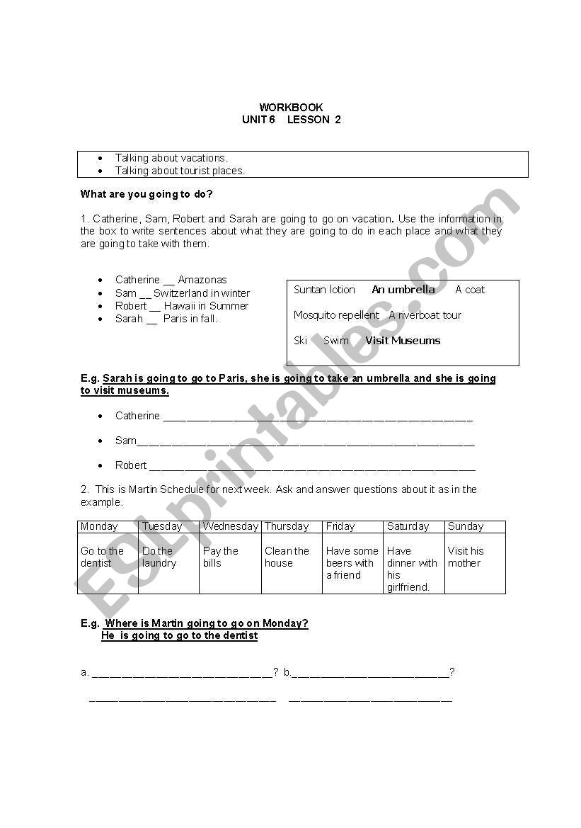 Vacation plans worksheet