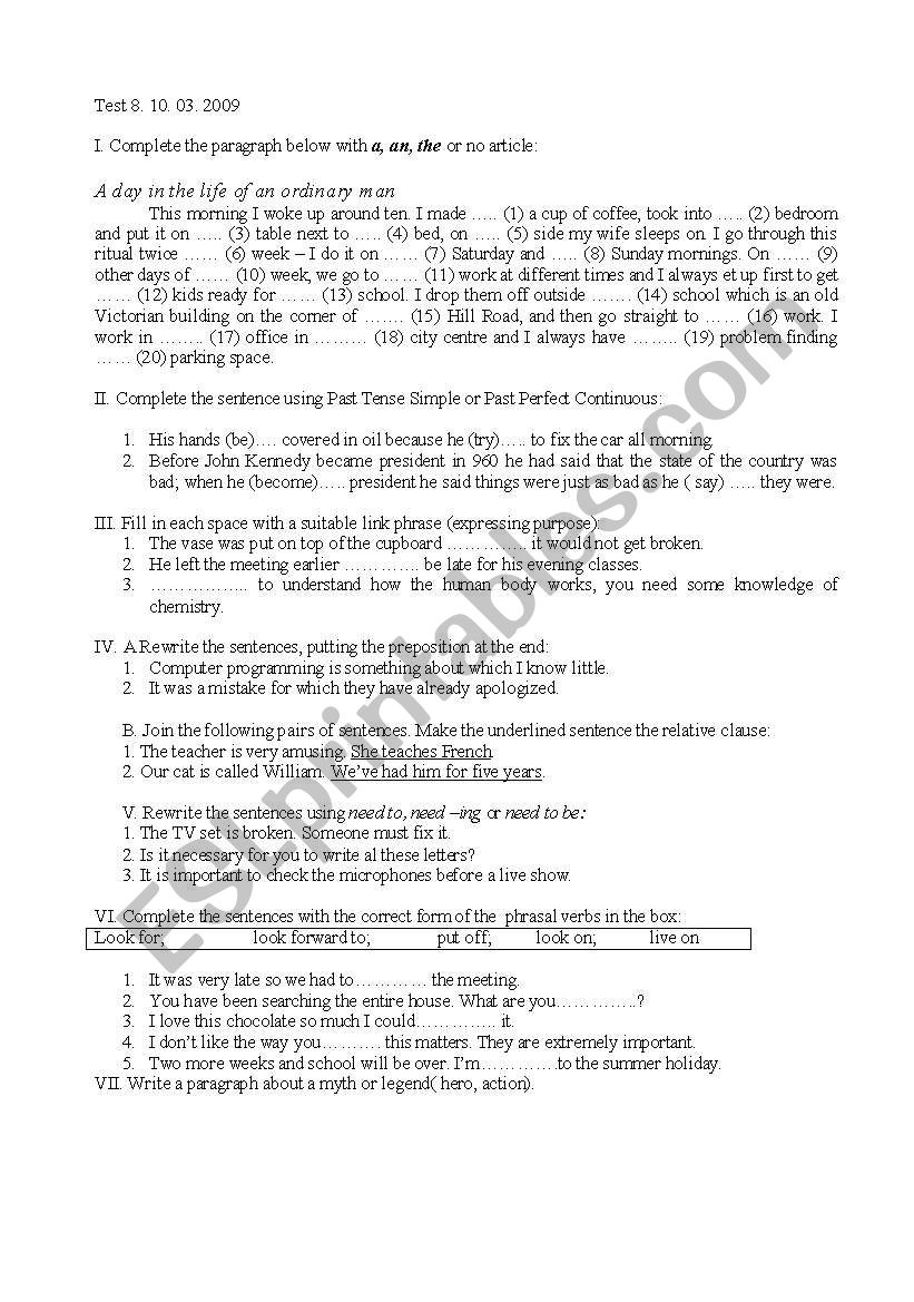 test paper 8th form worksheet
