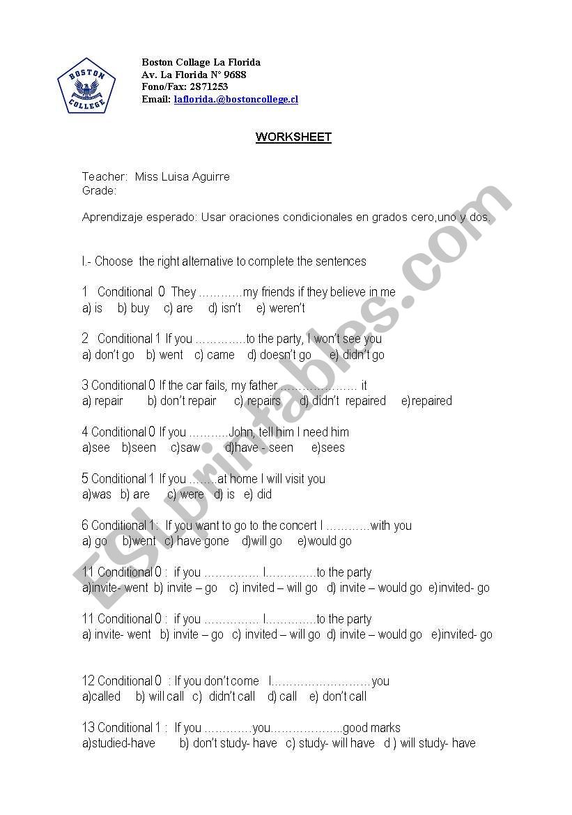 Worksheet of conditional worksheet