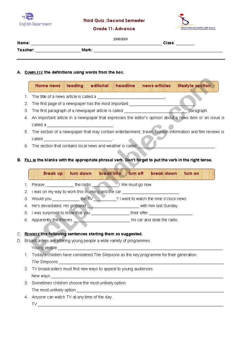 English Quiz  worksheet