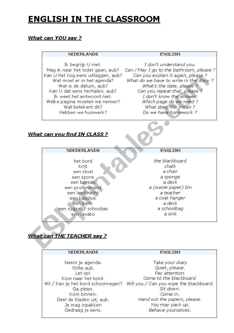 Classroom English worksheet