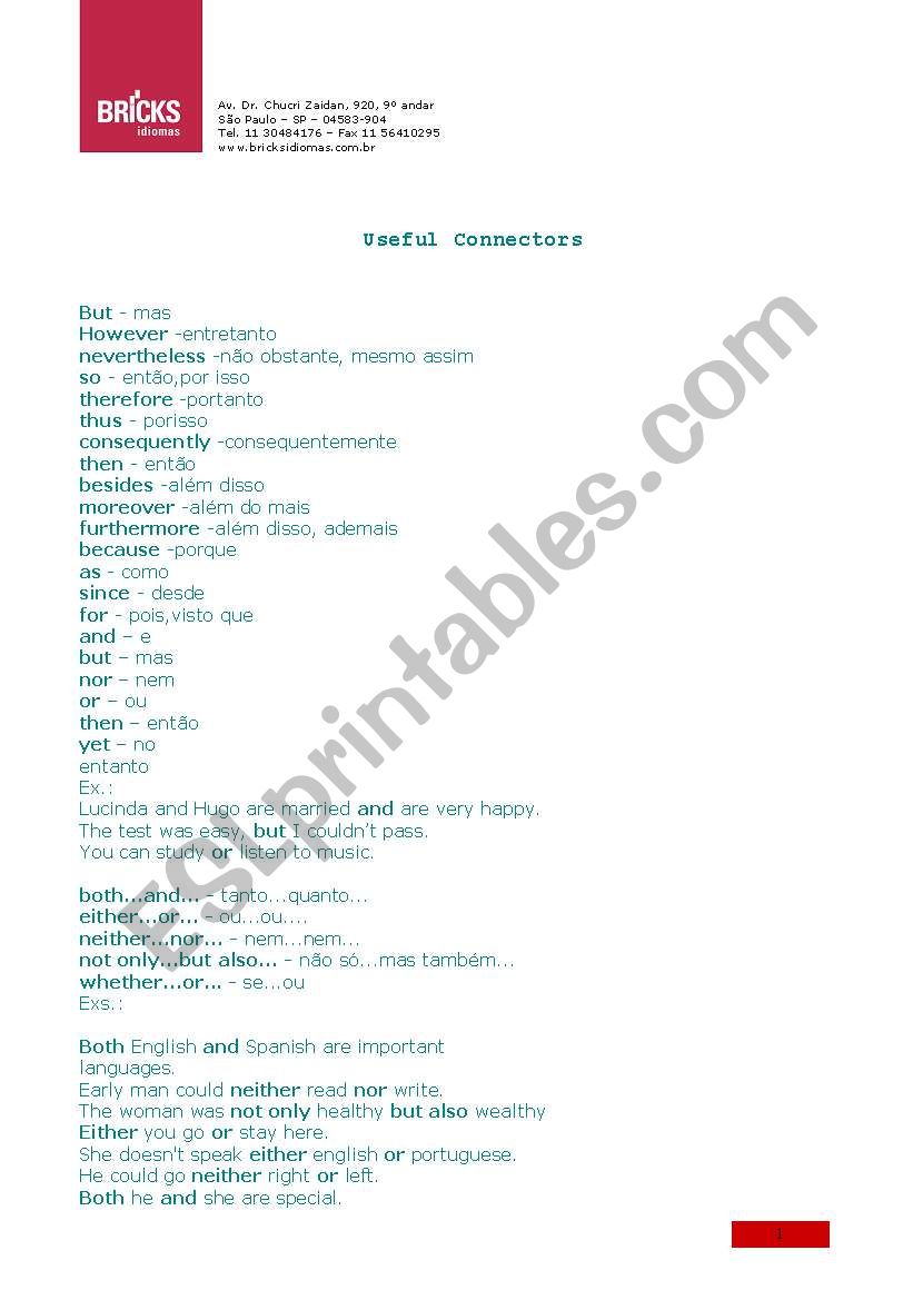 Connectors worksheet