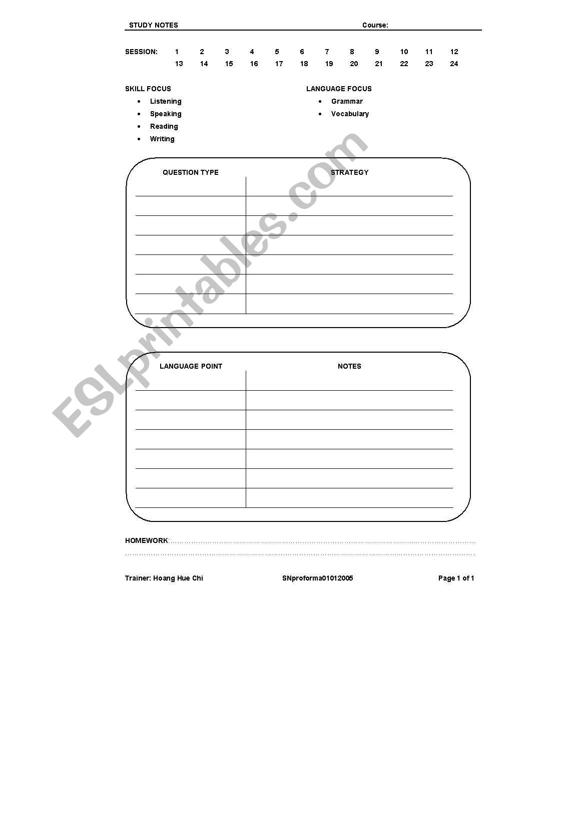 IELTS Study notes worksheet