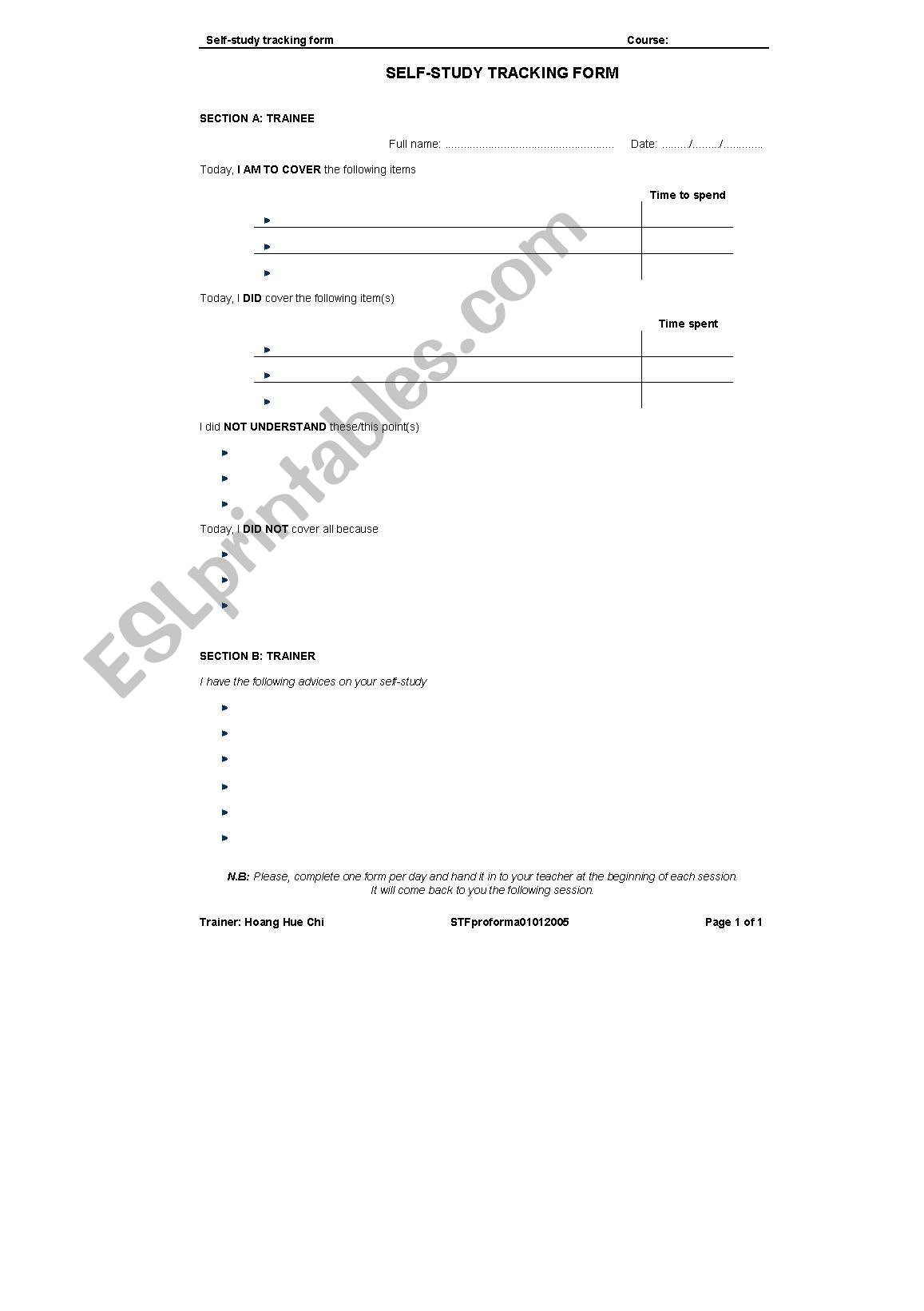 Self-study monitoring form worksheet