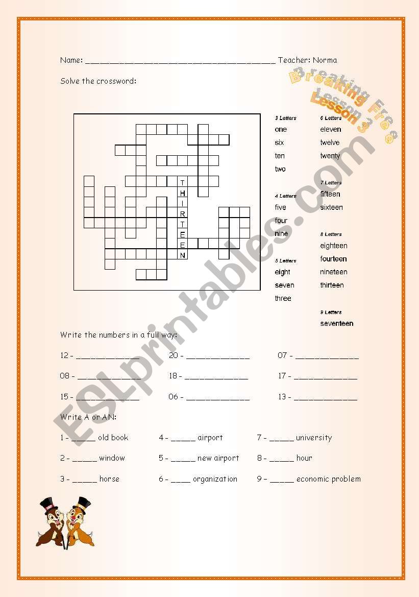 Numbers 1 - 20, A/AN worksheet