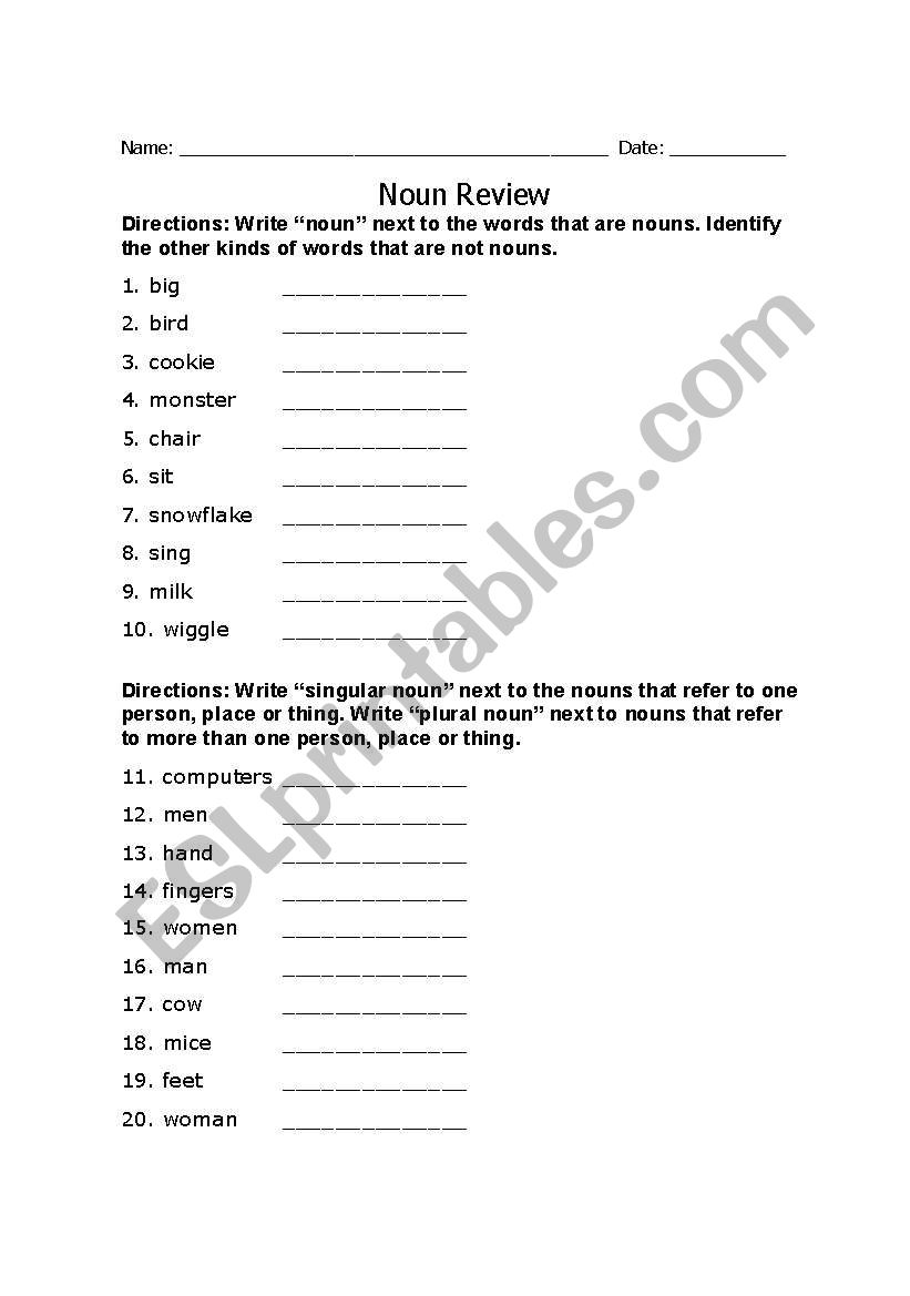 noun review worksheet