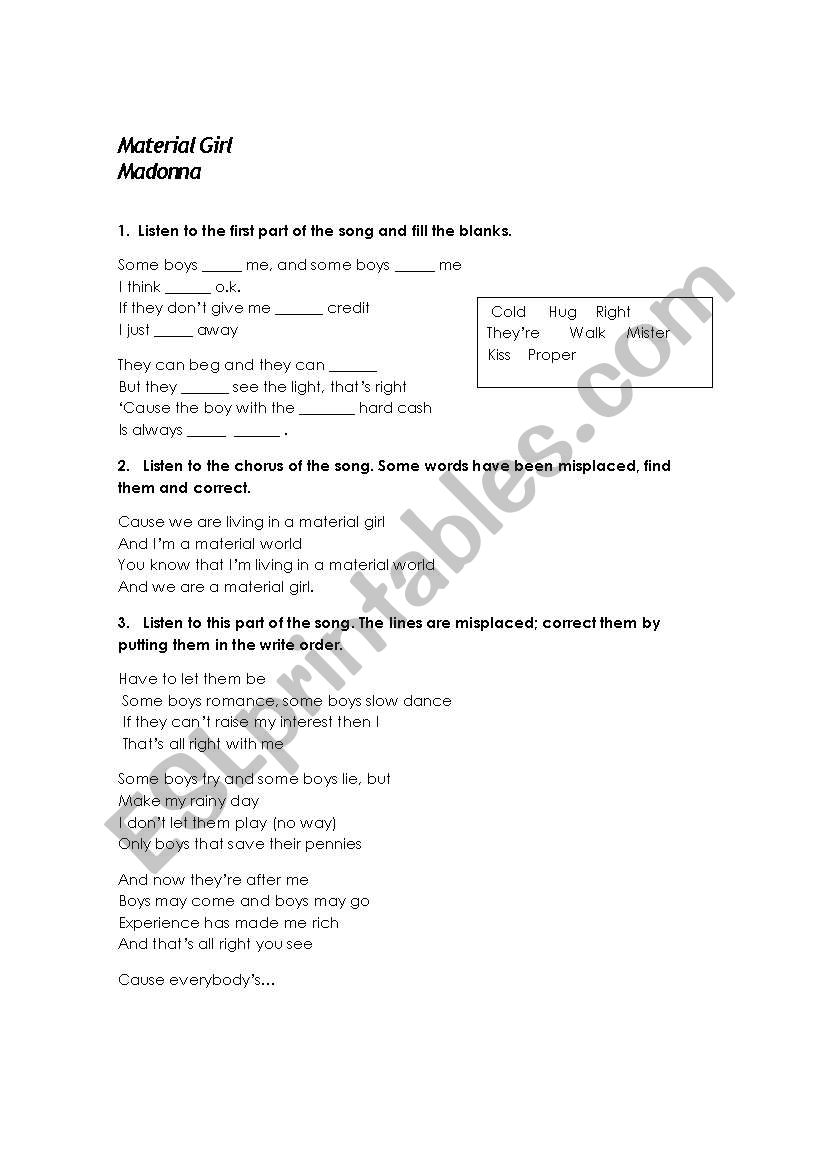 Material Girl - Gap filling worksheet