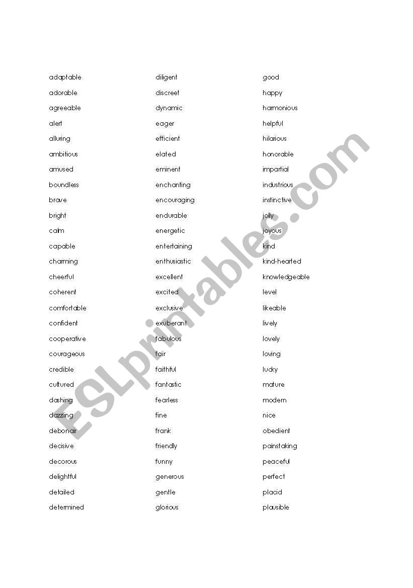 Descriptive words worksheet
