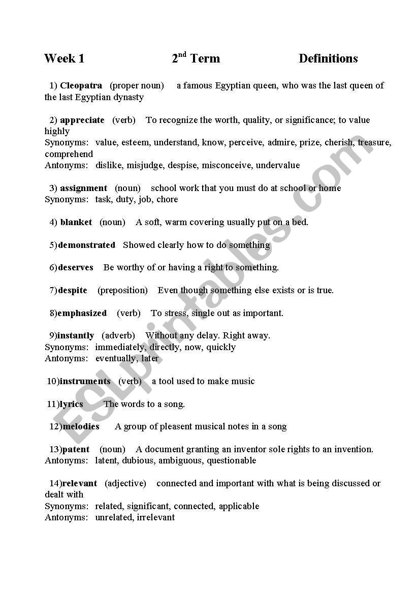 Spelling and Vocabulary worksheet