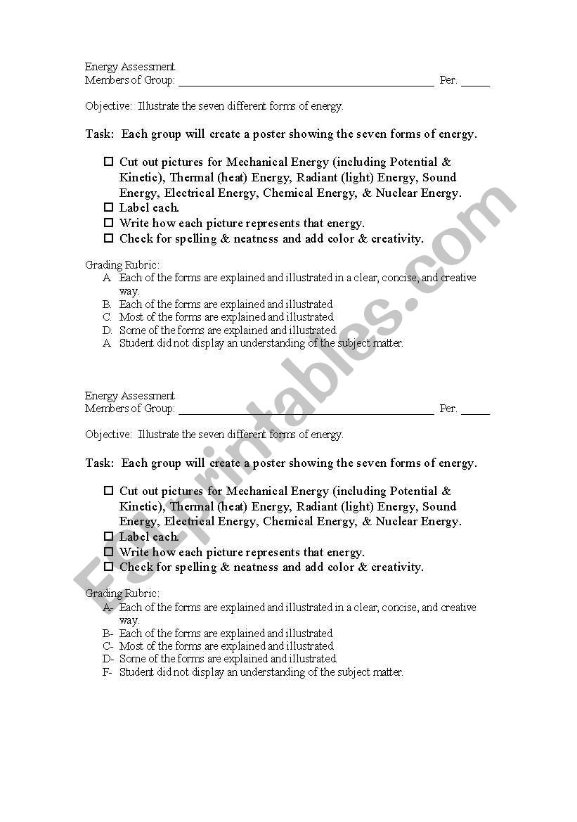 Energy Assessment worksheet