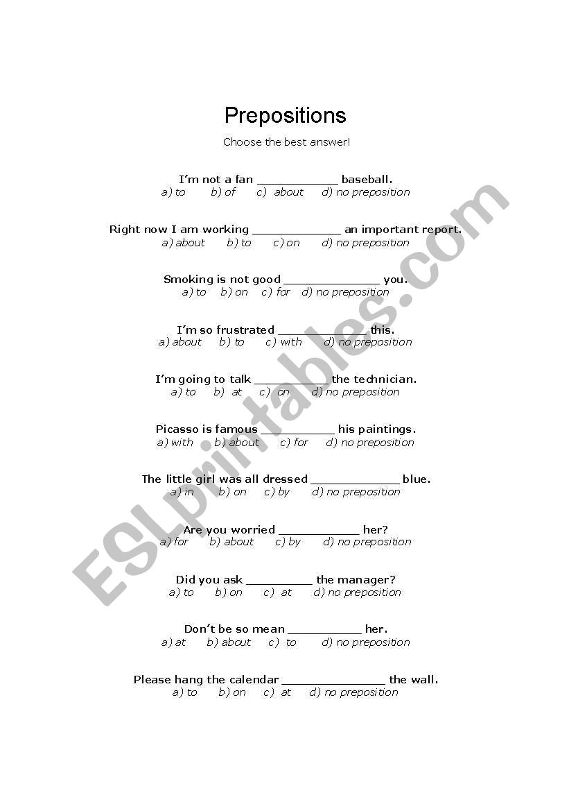 Preposition Multiple Choice worksheet