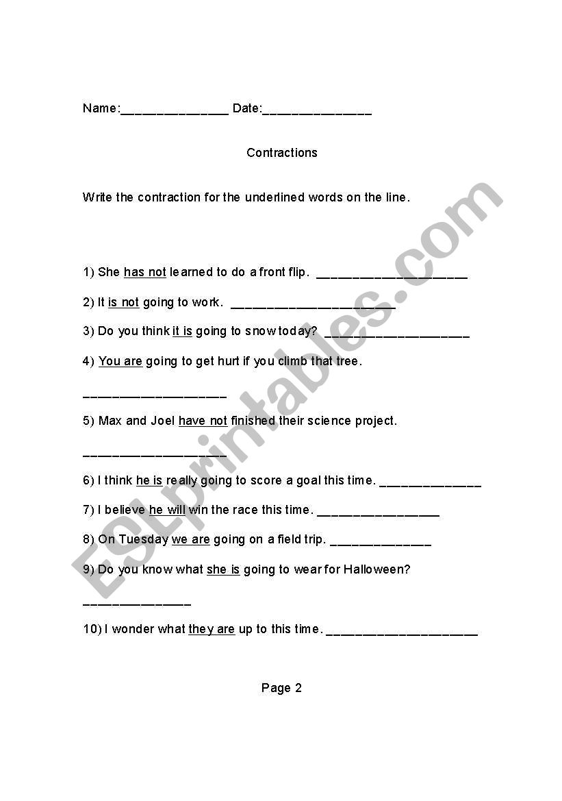 Contractions worksheet