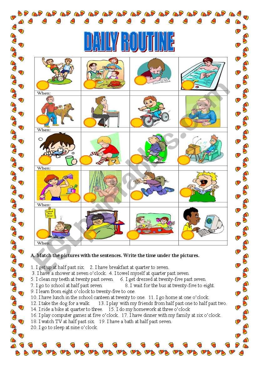 Daily Routine matching Sentences With Pictures Clock ESL Worksheet 