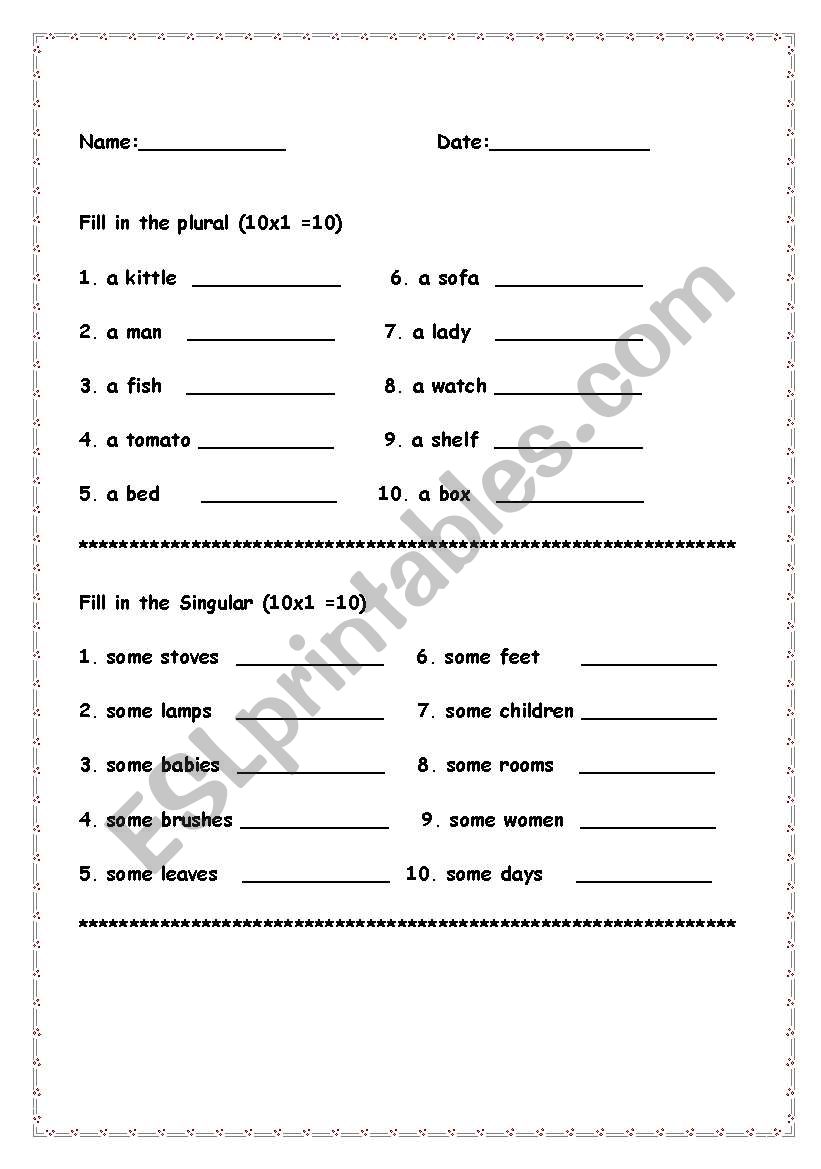 Singular Plural  worksheet