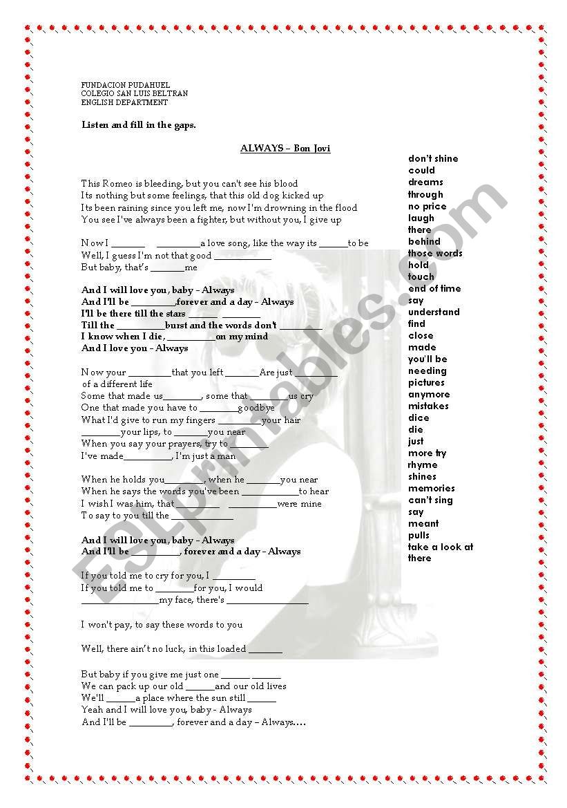 always / bon jovi worksheet