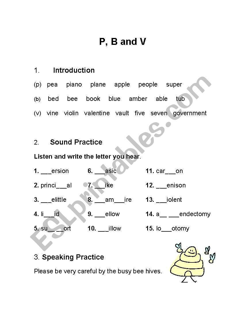 English Worksheets Phonics Practice P B And V