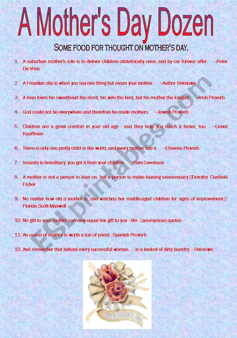 A Mother S Day Dozen Understanding The Meaning Of Words From Their Context Esl Worksheet By Homeless Turtle