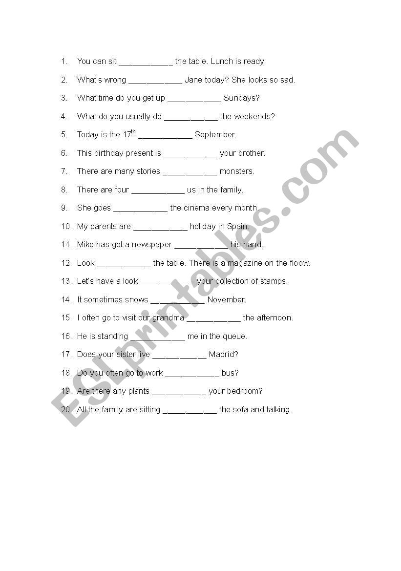 Preposition exercise worksheet