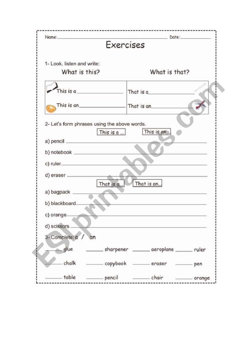 Indefinite article worksheet