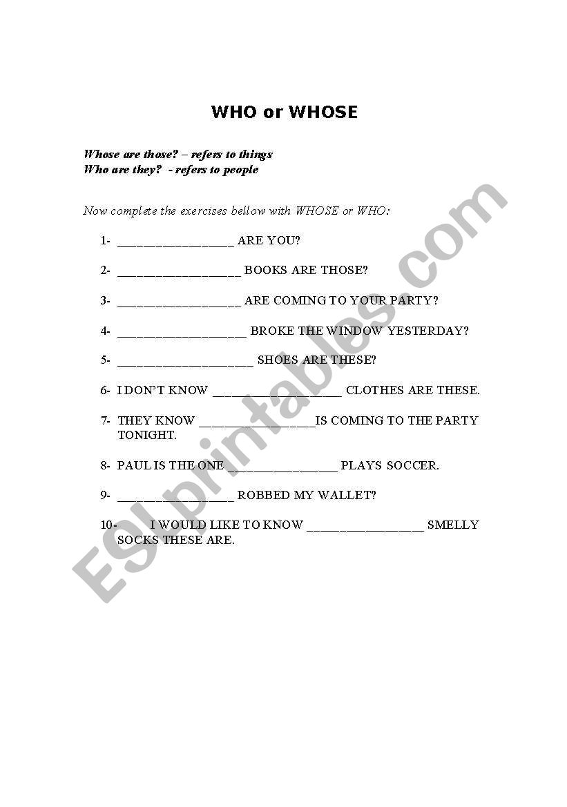 English Worksheets Who Or Whose