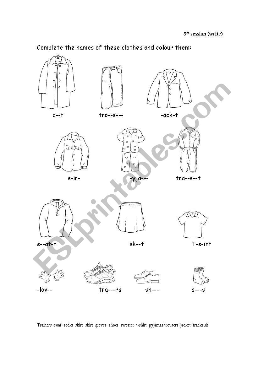 English worksheets: complete the names of the clothes