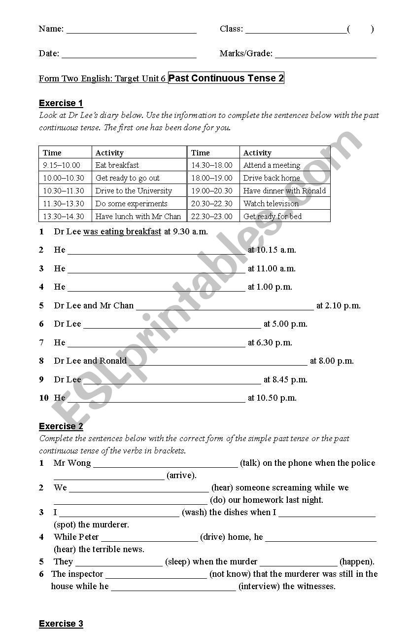 Past continuous Tense Exercises