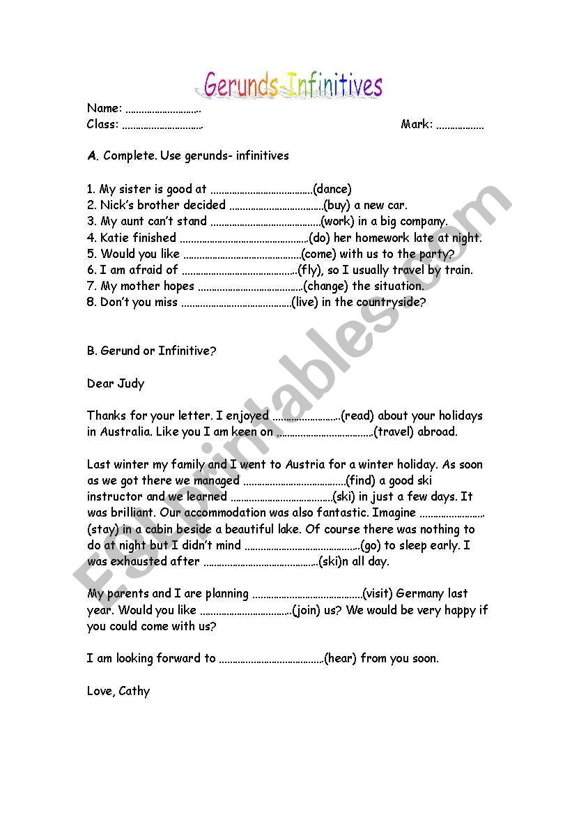 Gerund and infinitive worksheet