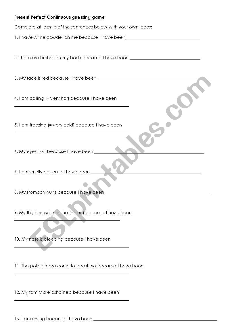 present perfect continuous worksheet