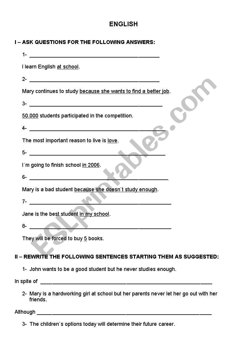 Revision worksheet