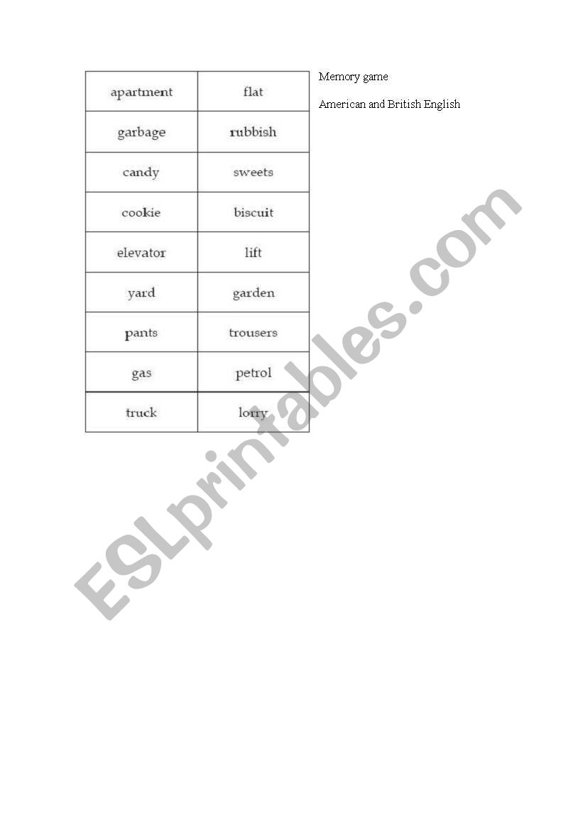 Memory Game worksheet