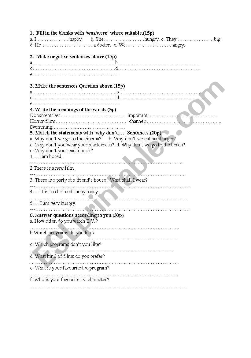 English worksheets: past simple/ why don´t