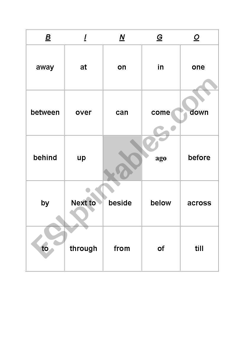 Bingo -prepositions worksheet