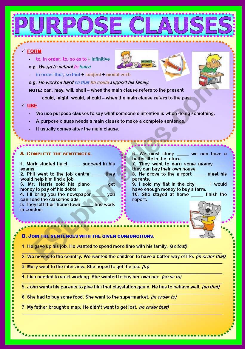 Conjunctions Purpose Clauses ESL Worksheet By Paula esl