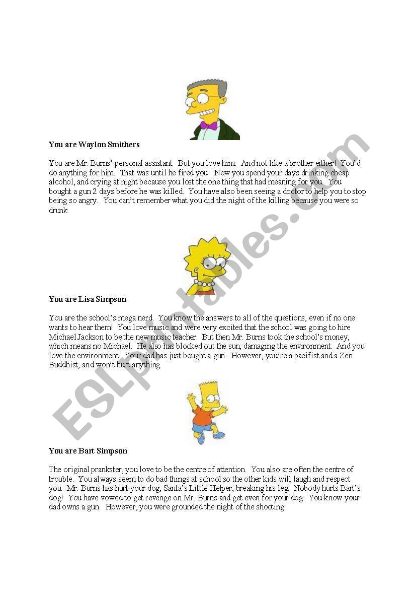 Simpson´s murder mystery role play - ESL worksheet by JacquiS