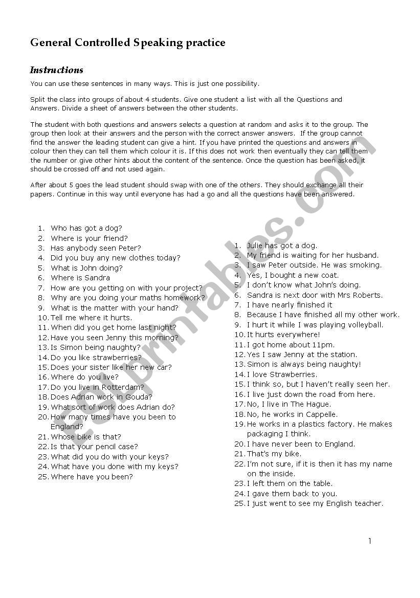 Controlled Speaking worksheet