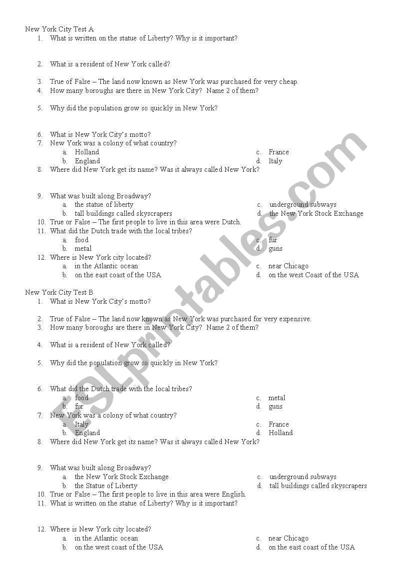 New York City Test  worksheet